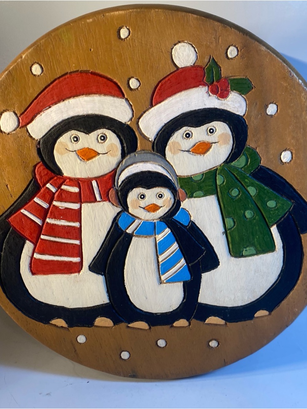 Rustic Carved Wooden Hand Painted 2-D Winter Holiday Penguin 4 Legged Stool